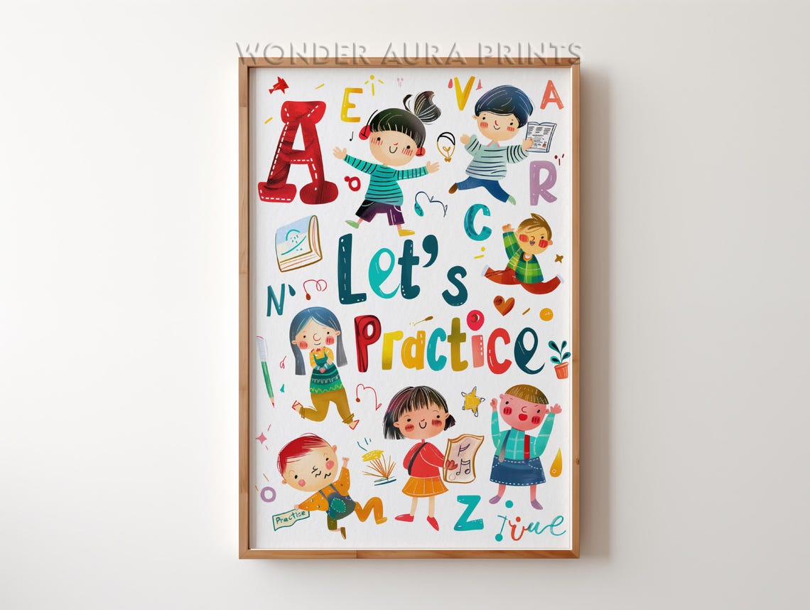 Let's Practice Colorful Kids Classroom Alphabet Playroom Poster