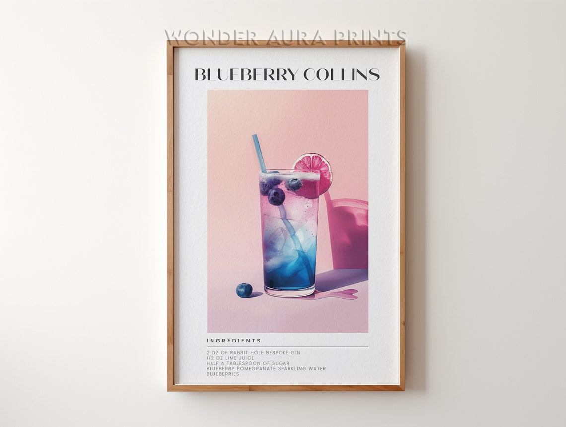 Blueberry Collins Cocktail Recipe in Pink and Blue Art Poster