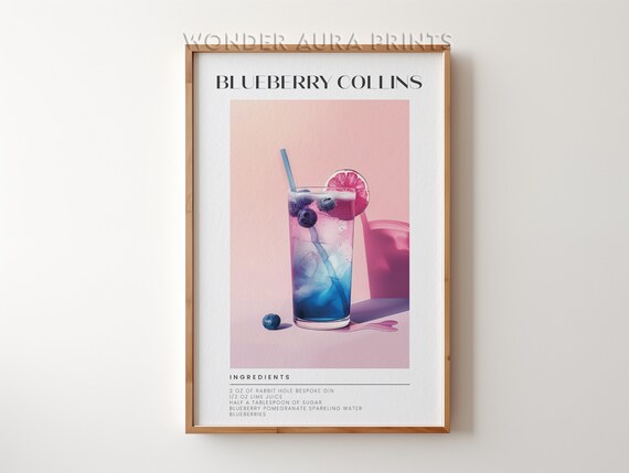 Blueberry Collins Cocktail Recipe in Pink and Blue Art Poster