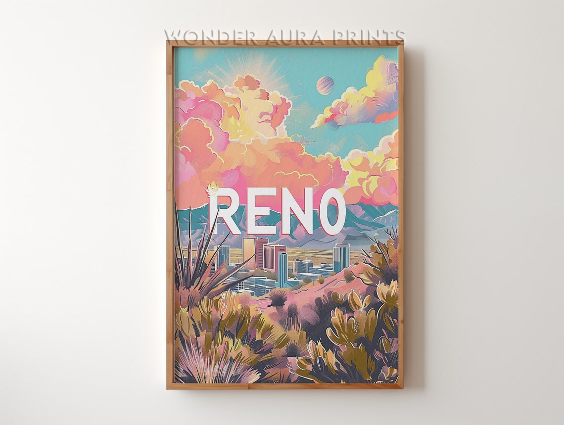 Reno Nevada Desert Mountain Skyline Pastel Clouds Modern Travel Poster