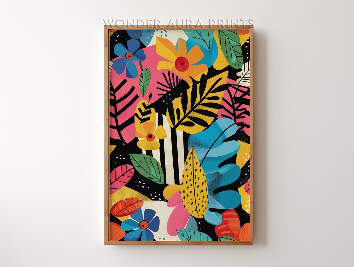 Maximalist Botanical Abstract Colorful Flower and Leaf Art Print
