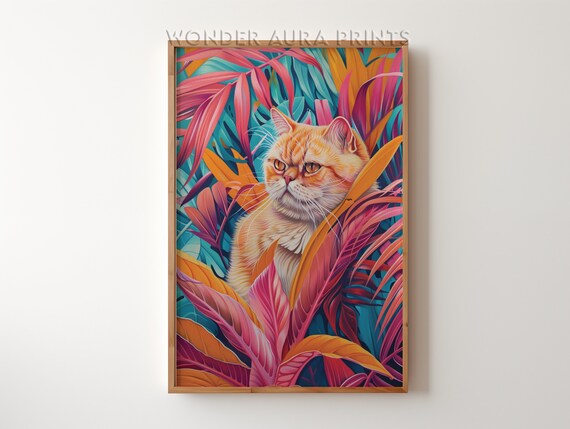 Orange Exotic Shorthair Cat in Neon Tropical Leaves Jungle Poster