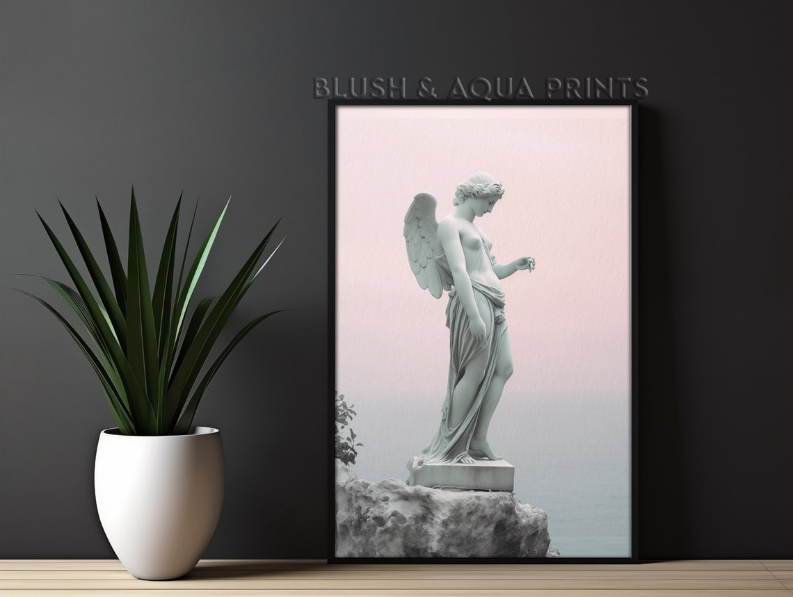 Winged Venus Angel Statue Standing On Blush Pink Classical Art Print