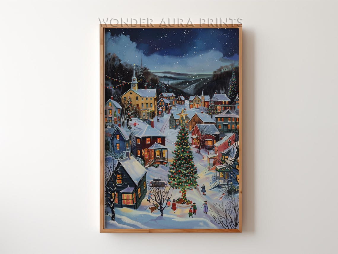 Snowy Christmas Village with Tree at Night Cozy Holiday Decor Print