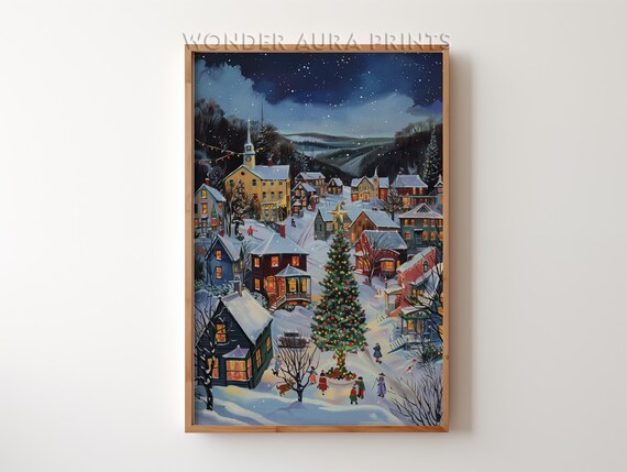 Snowy Christmas Village with Tree at Night Cozy Holiday Decor Print