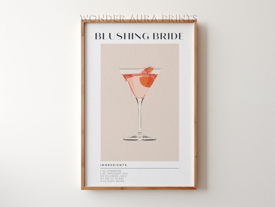 Blushing Bride Pink Martini Cocktail Recipe Elegant Bar Poster