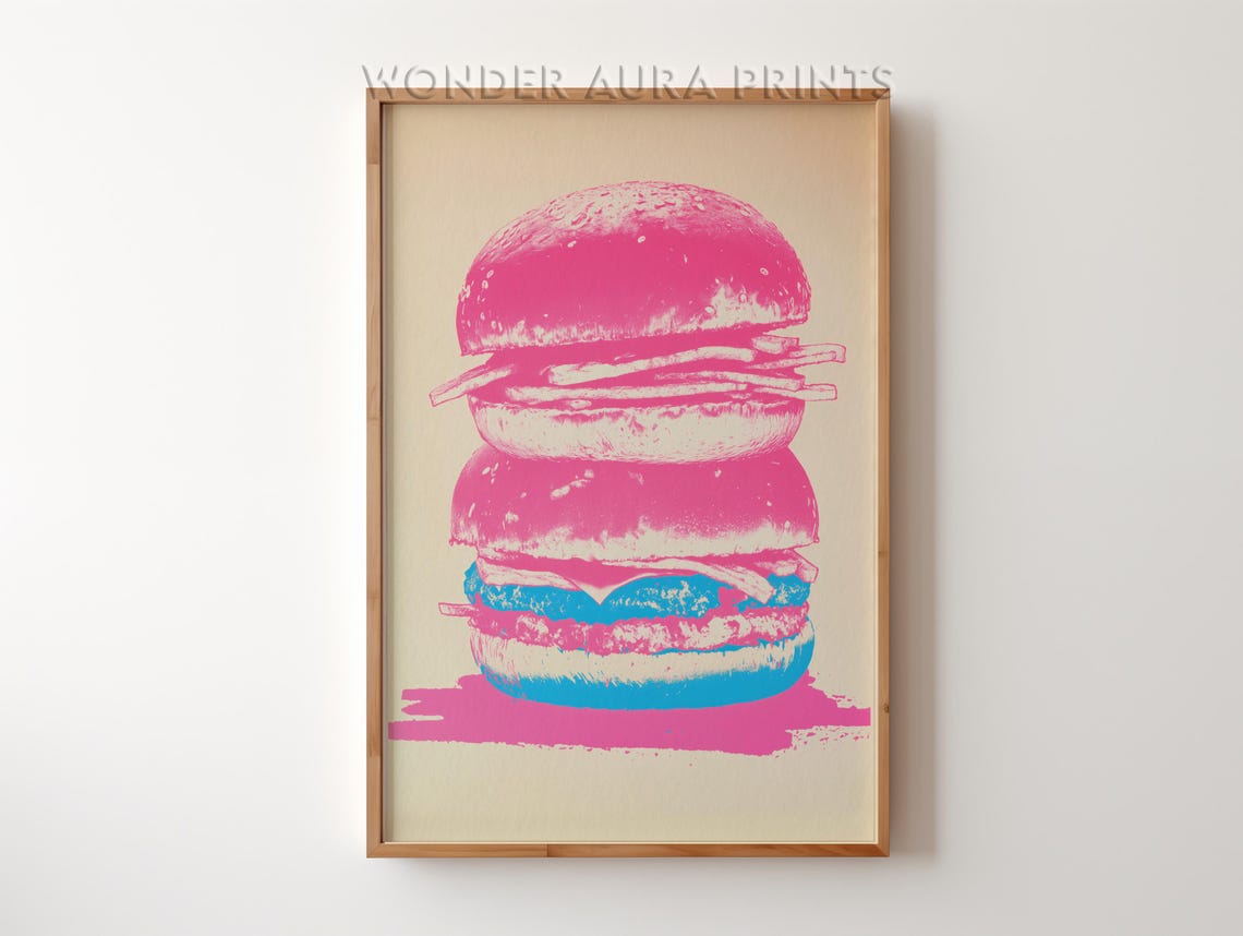 Pop Art Pink Blue Burger Stack Retro Kitchen Decor Art Poster