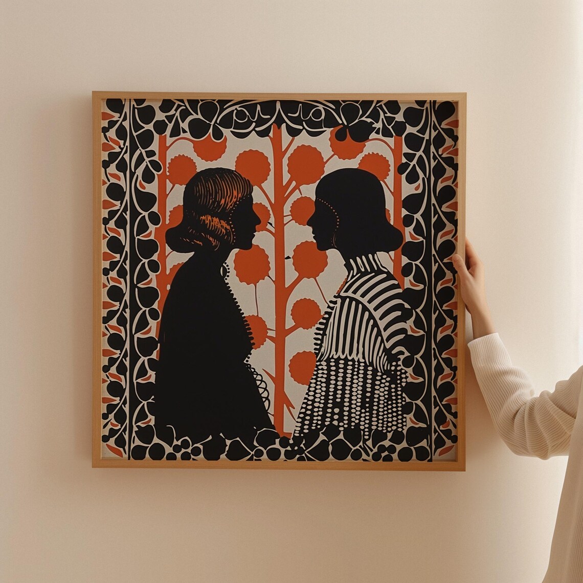Bold Silhouettes And Floral Art Poster French Art Nouveau Square Wall Art Ladies Floral Art Bedroom Decor