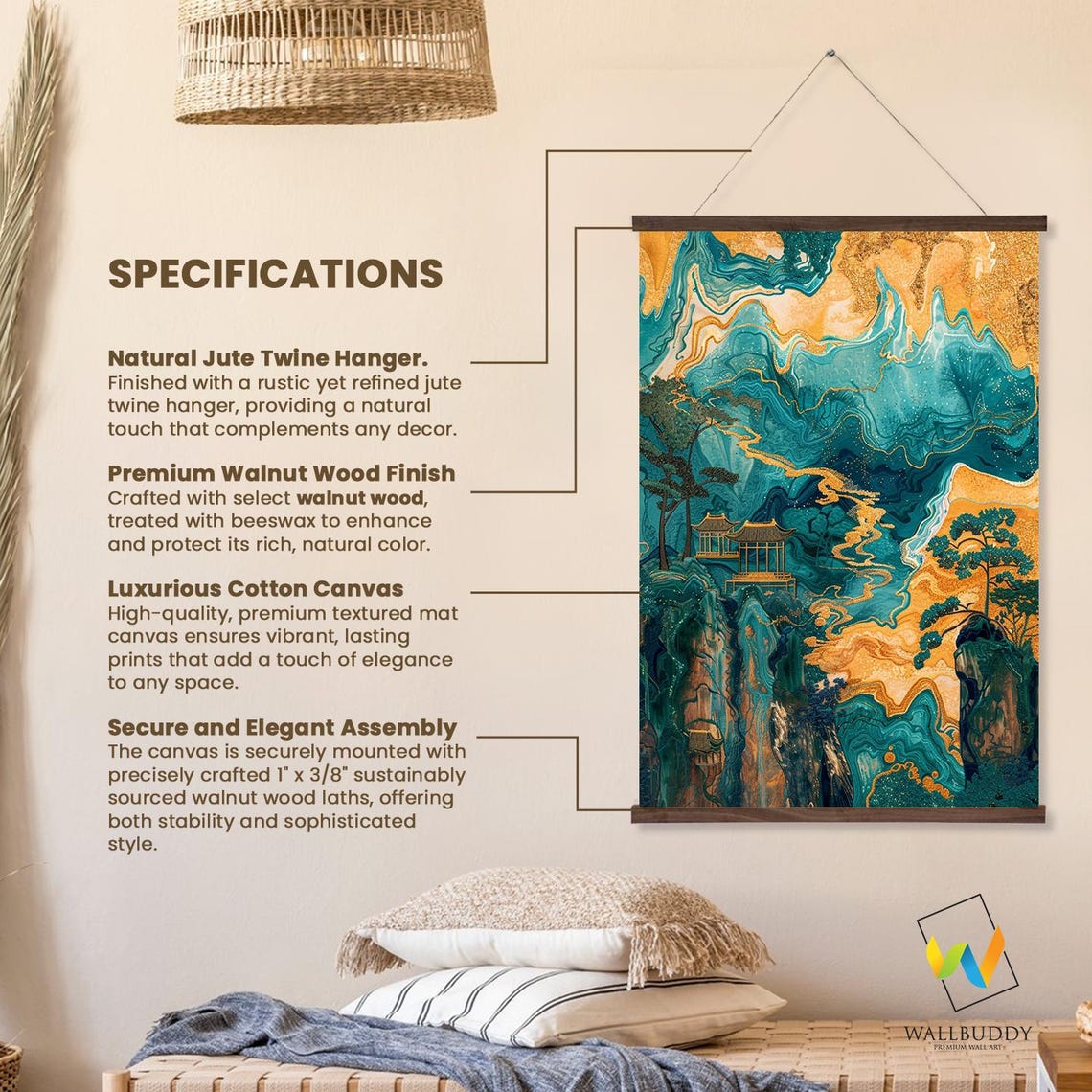 Abstract Zen Mountain Wall Hanging Teal And Gold Landscape Wall Art Decor Printed On Premium With Real Walnut Wooden Hangers - Image 3