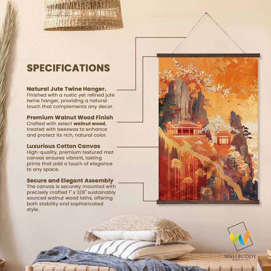 Golden Zen Temple Orange Mountain Blossom Landscape Scroll Wall Art - Image 2