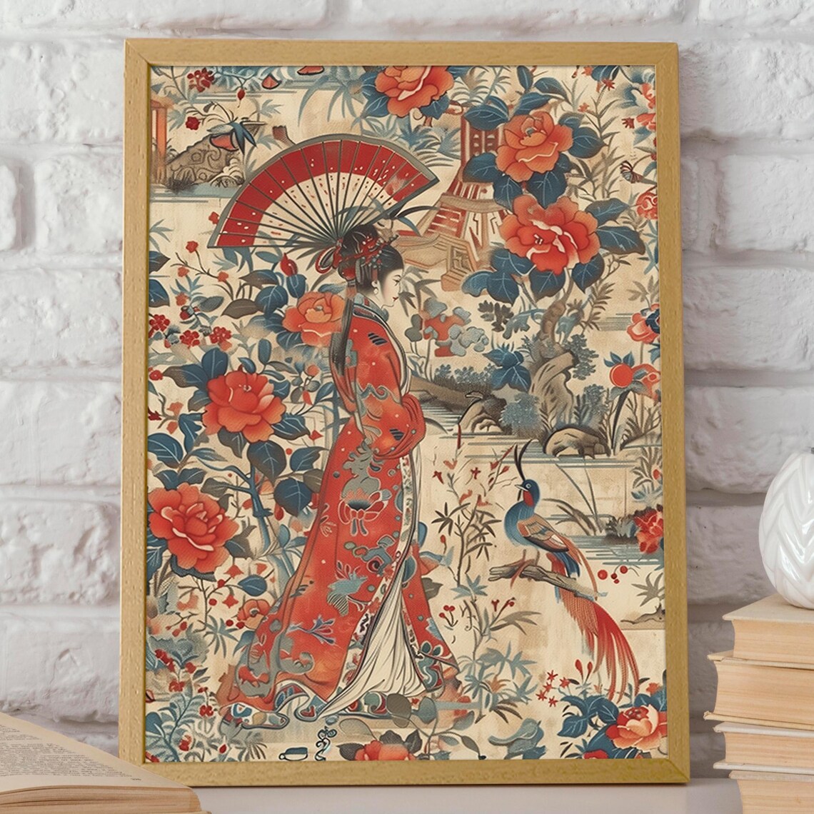 Japanese Geisha And Floral Landscape Poster Oriental Garden Flower And Bird Wall Art Traditional Art Wall Decor Poster Or Print - Image 2