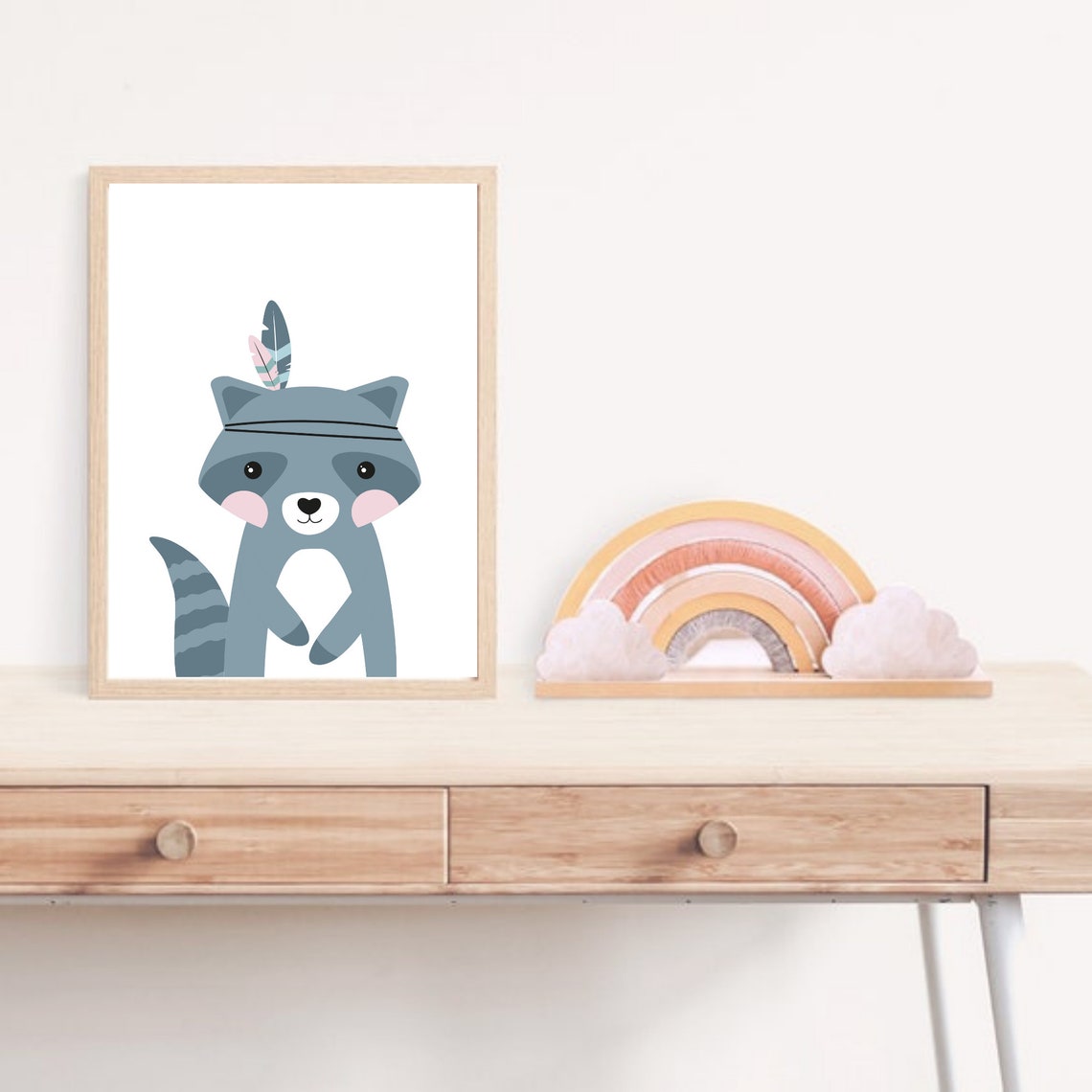 Cute Cartoon Raccoon With Feather Headband Nursery Decor Poster - Image 4