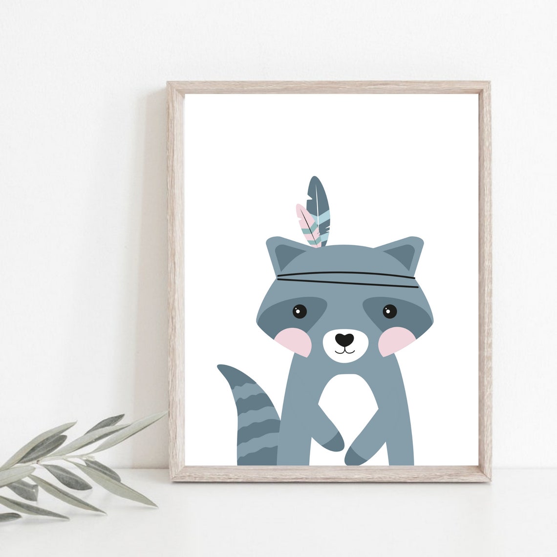 Cute Cartoon Raccoon With Feather Headband Nursery Decor Poster
