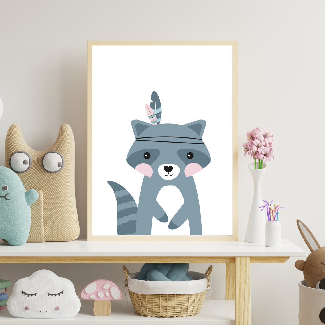 Cute Cartoon Raccoon With Feather Headband Nursery Decor Poster - Image 2