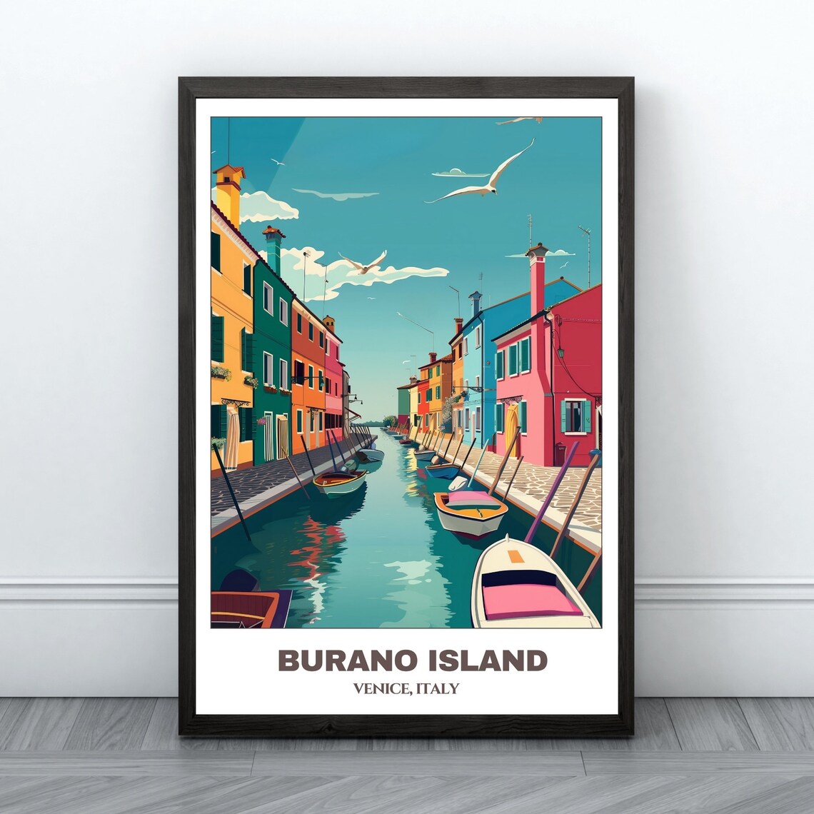 Burano Island Venice Colorful Canal Houses Boats Travel Poster