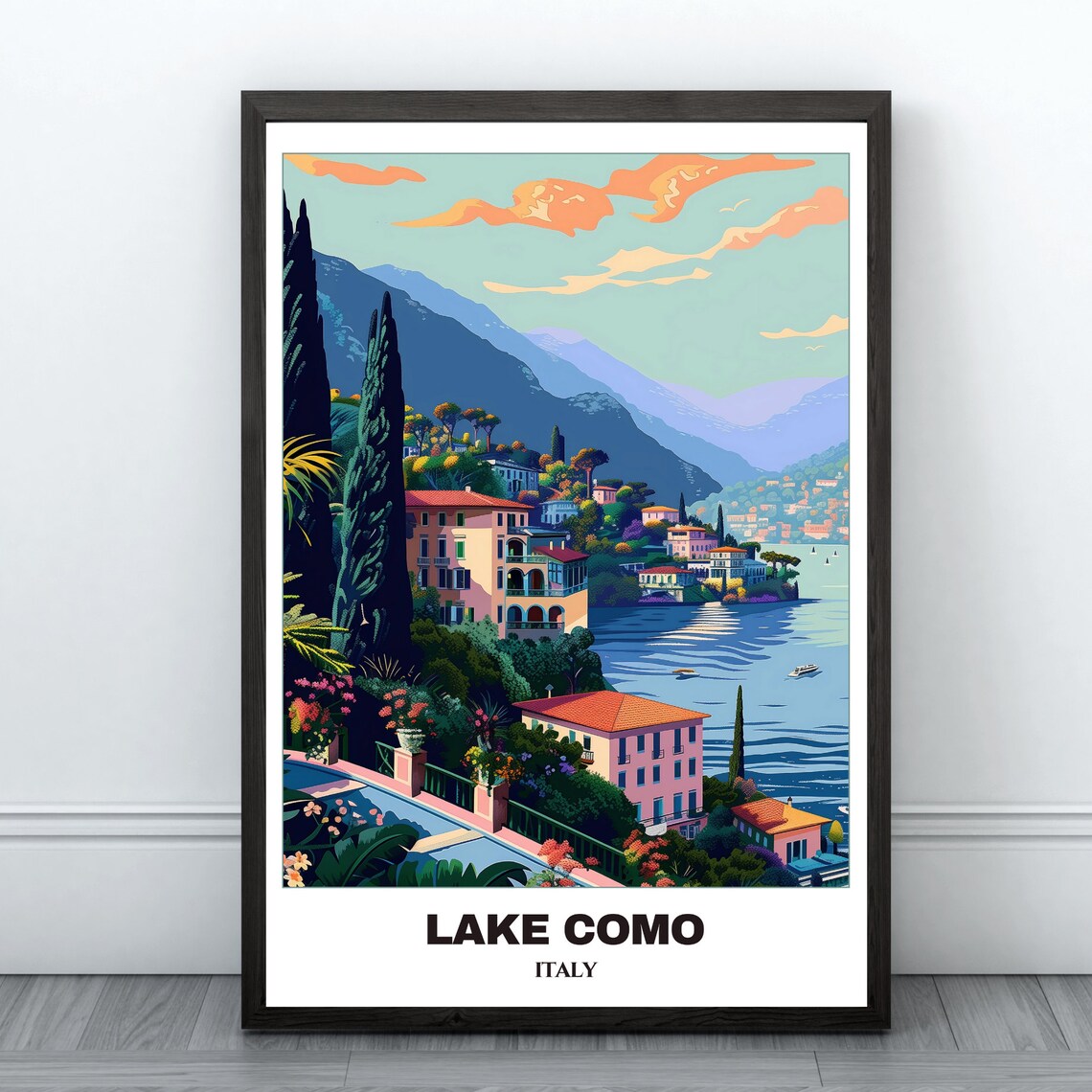 Beautiful Lake Como Italy Cypress Garden Villas Travel Poster