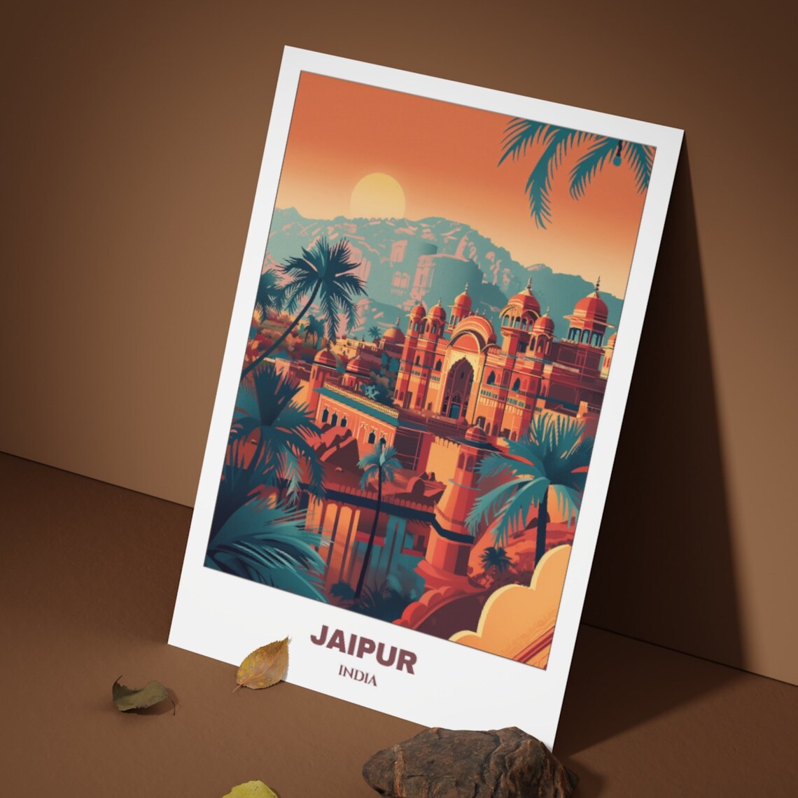 Jaipur Palace Sunset Palm Trees Golden Sky India Travel Poster - Image 5