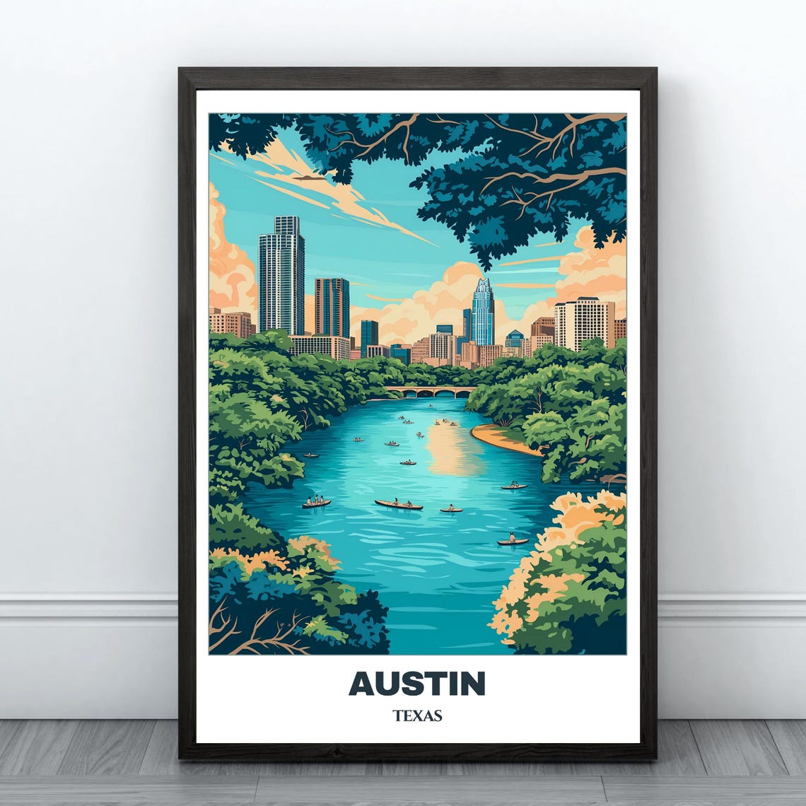 Austin Lady Bird Lake Kayakers Downtown Skyline Texas Poster