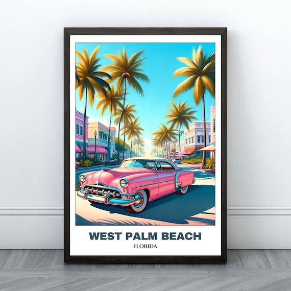 West Palm Beach Florida Pink Classic Car Palms Retro Travel Poster