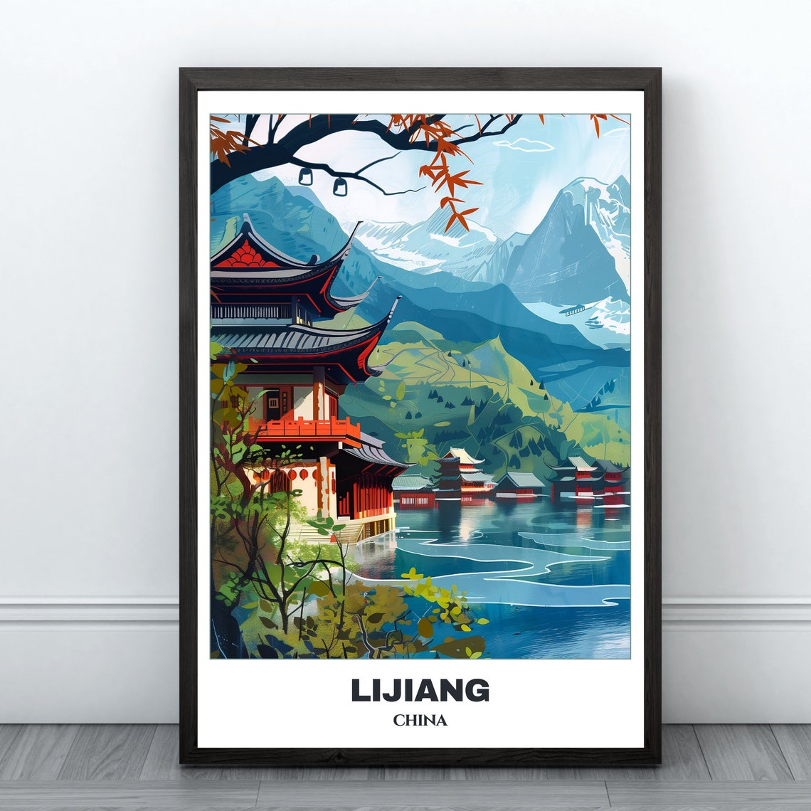 Lijiang Lakeside Temple Pavilion Snow Mountains Tranquil Poster