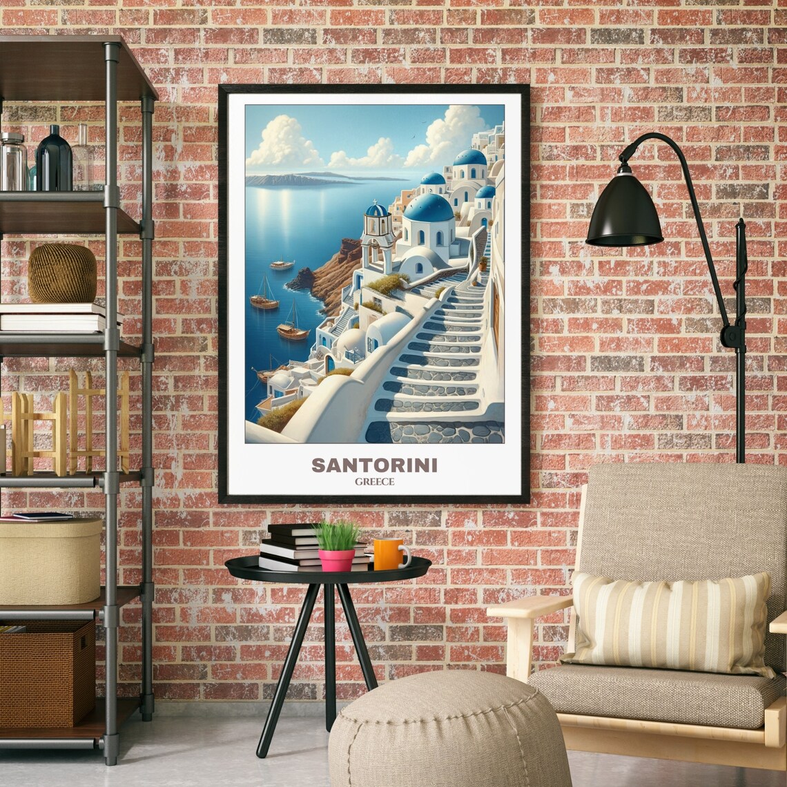 Santorini Travel Poster, Greece Cityscape Painting Print - Image 2