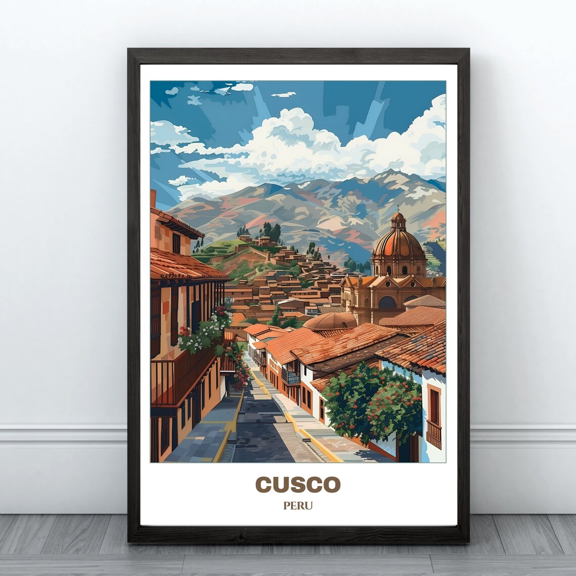 Cusco Peru Colonial Street Red Tile Roofs Andes Travel Poster