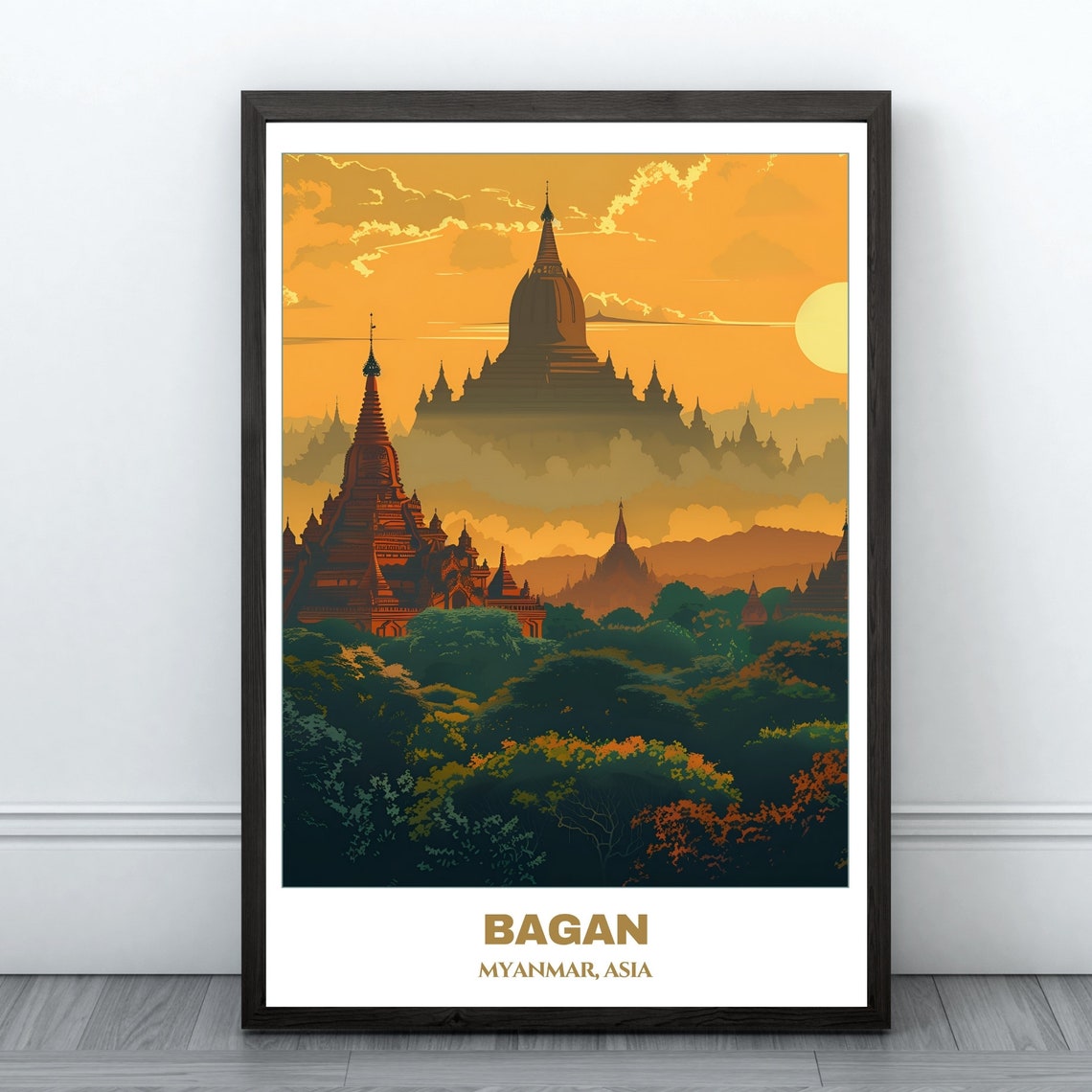 Bagan Myanmar Sunset Temple Silhouettes Ancient Plain View Poster