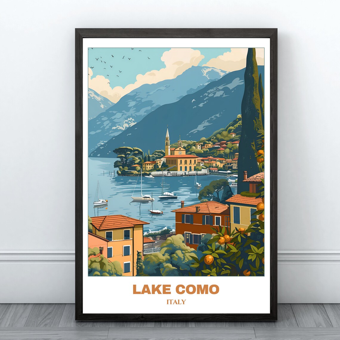 Scenic Lake Como Italy Harbor Sailboats Church Spire Travel Poster