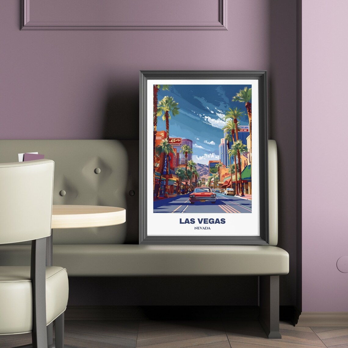 Las Vegas Nevada Vintage Street Palm Trees Classic Car Travel Poster - Image 2
