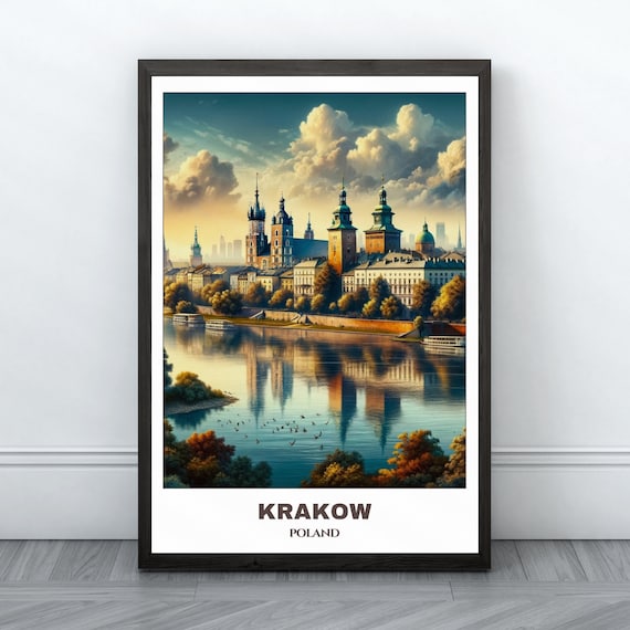 Krakow Poland Riverside Castle Skyline Golden Evening Poster