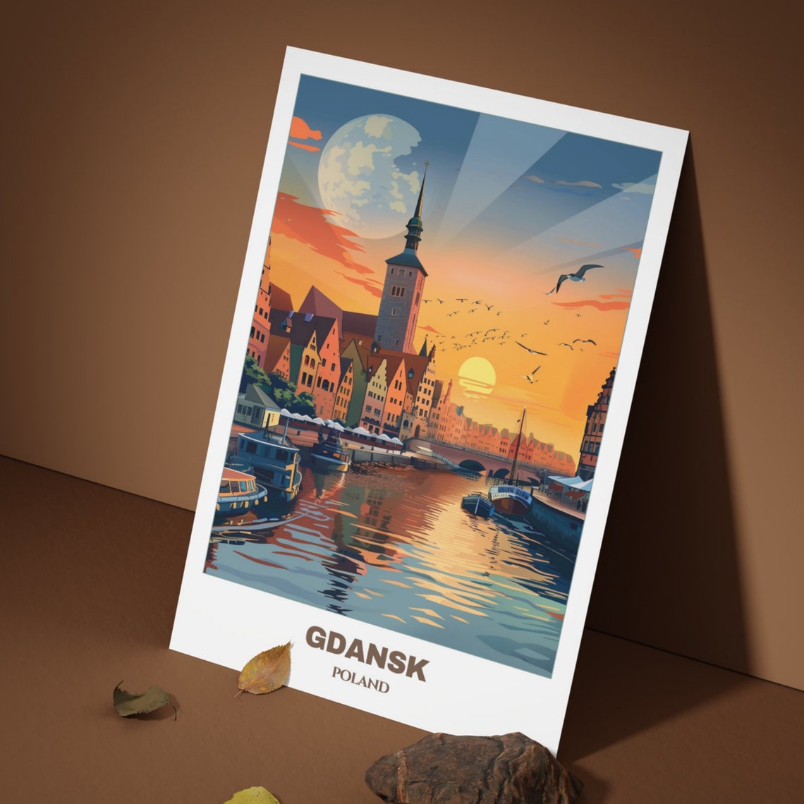 Gdansk Sunset Harbor Moonlit Waterfront Old Town Boats Poster - Image 3