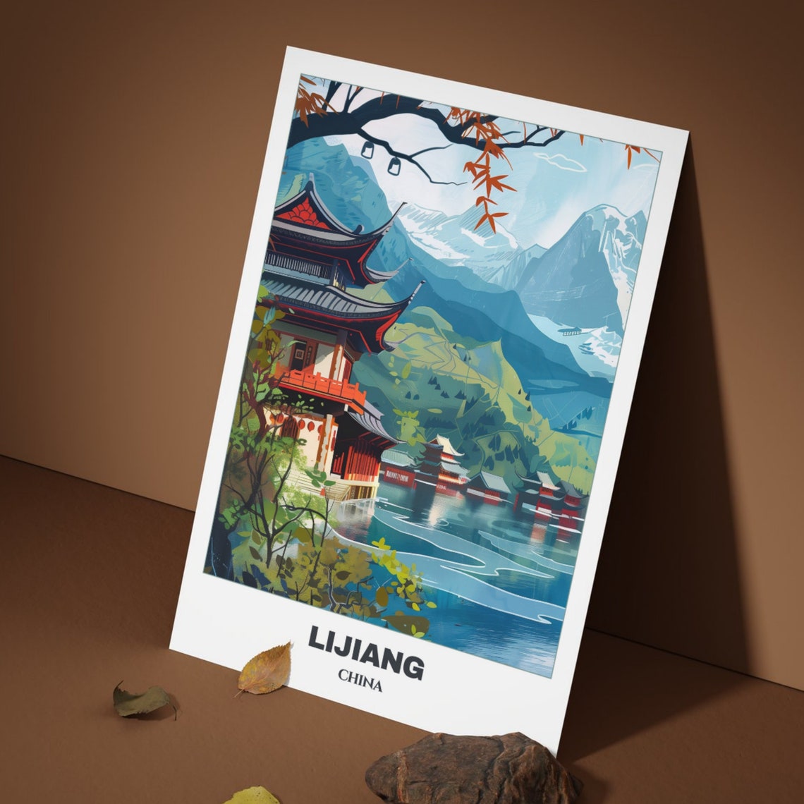 Lijiang Lakeside Temple Pavilion Snow Mountains Tranquil Poster - Image 3
