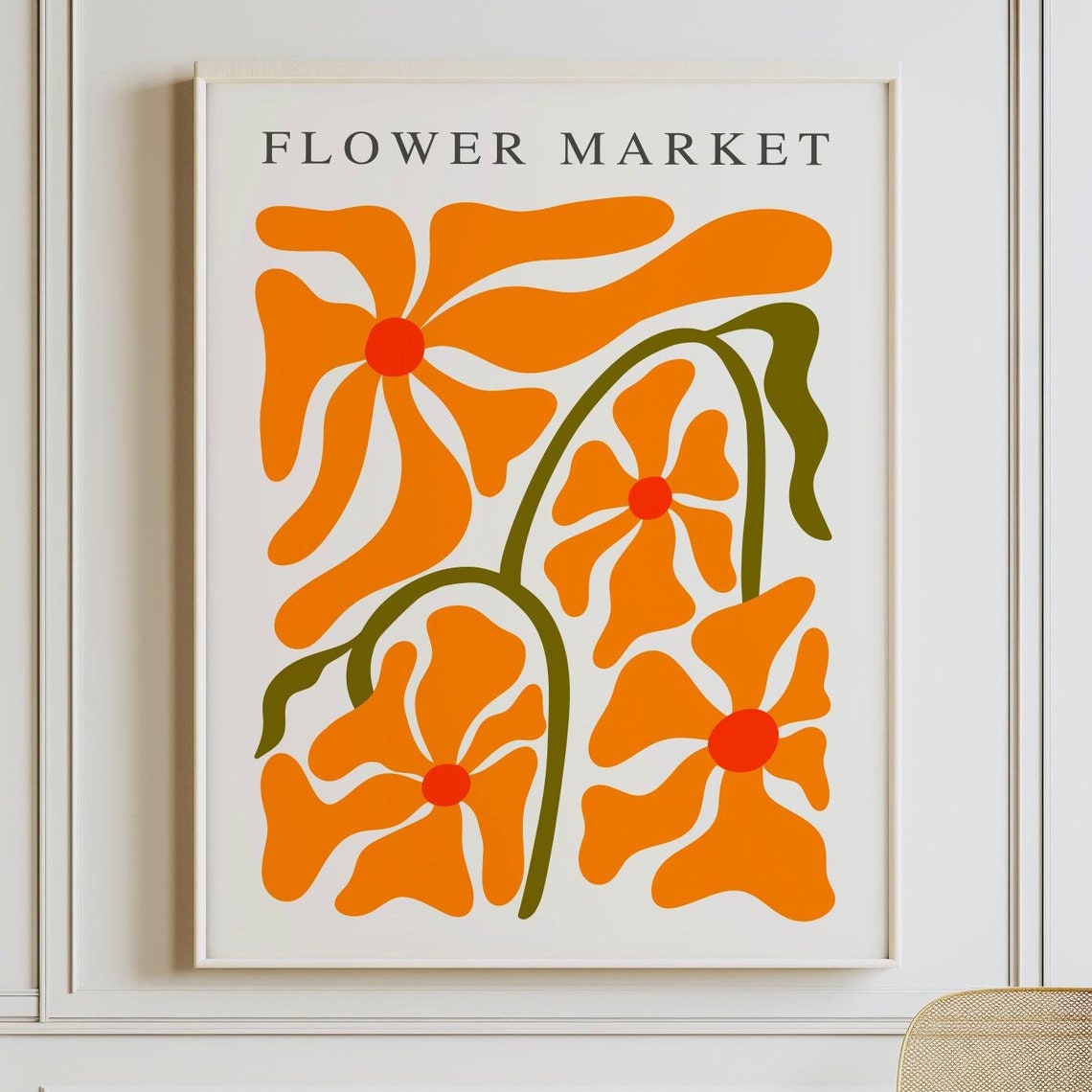Flower Market Retro Orange Bold Floral Botanical Midcentury Poster