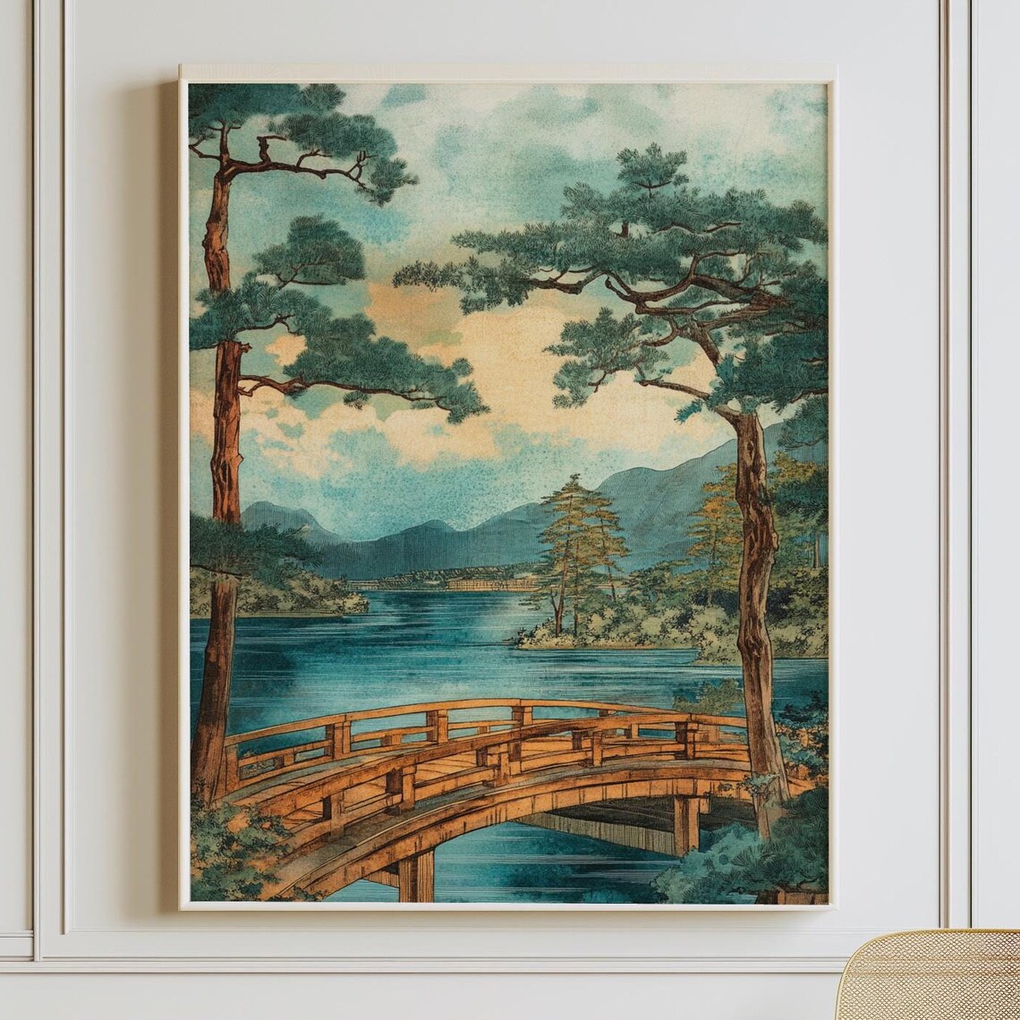 Japanese Woodblock Style Bridge Lake Pine Trees Zen Art Poster