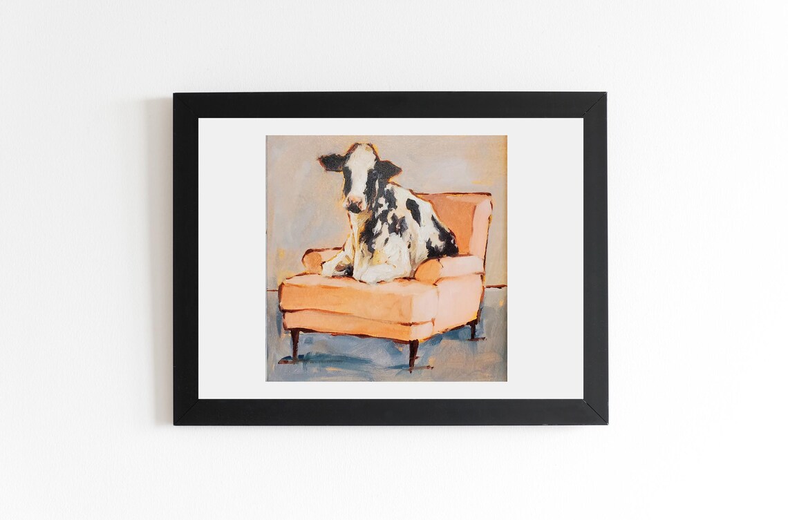 Funny Cow Sitting Like Royalty on a Pink Armchair Painting Poster - Image 4