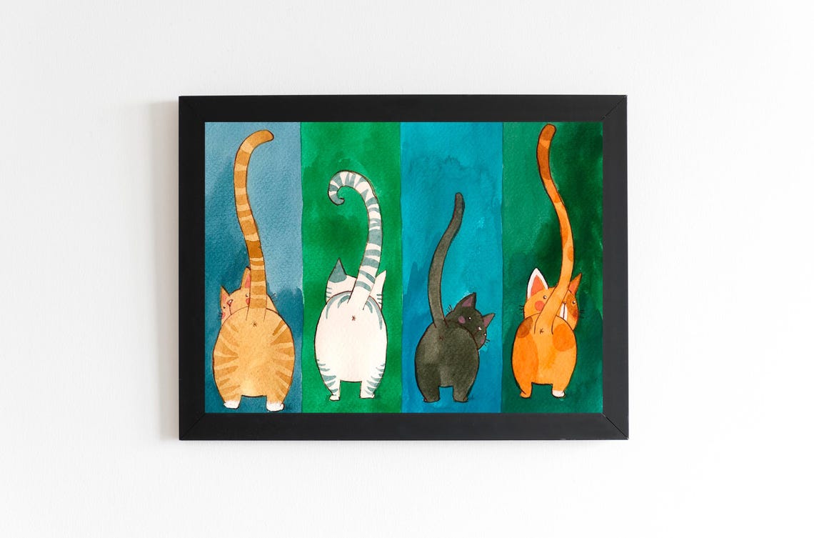 Four Cats From Behind With Tails Up Watercolor Funny Cat Art Poster - Image 3