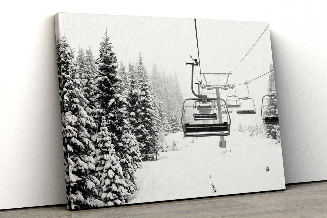 Black And White Winter Ski Lift Mountain Art Print