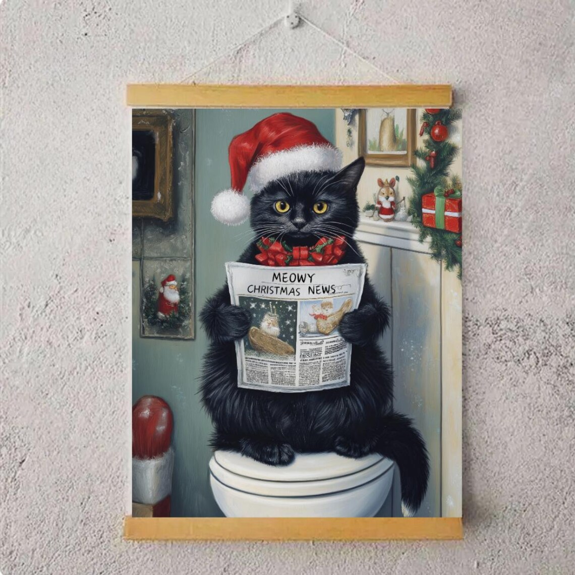 Meowy Christmas News Black Cat Santa Funny Holiday Scene Poster - Image 4
