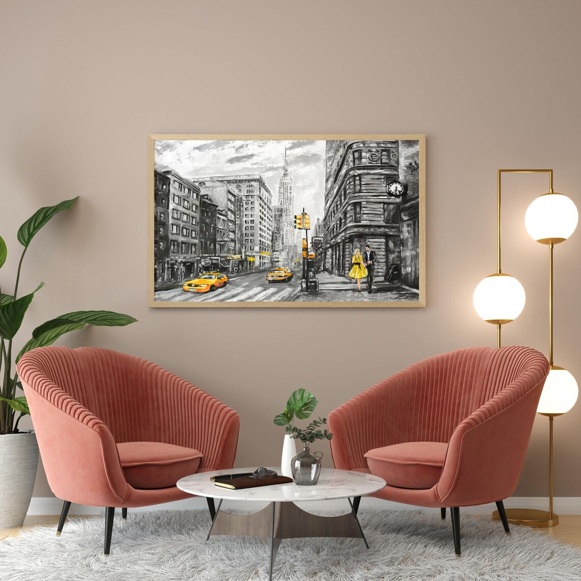 New York City Street With Yellow Taxis Black And White Urban Art Print - Image 2