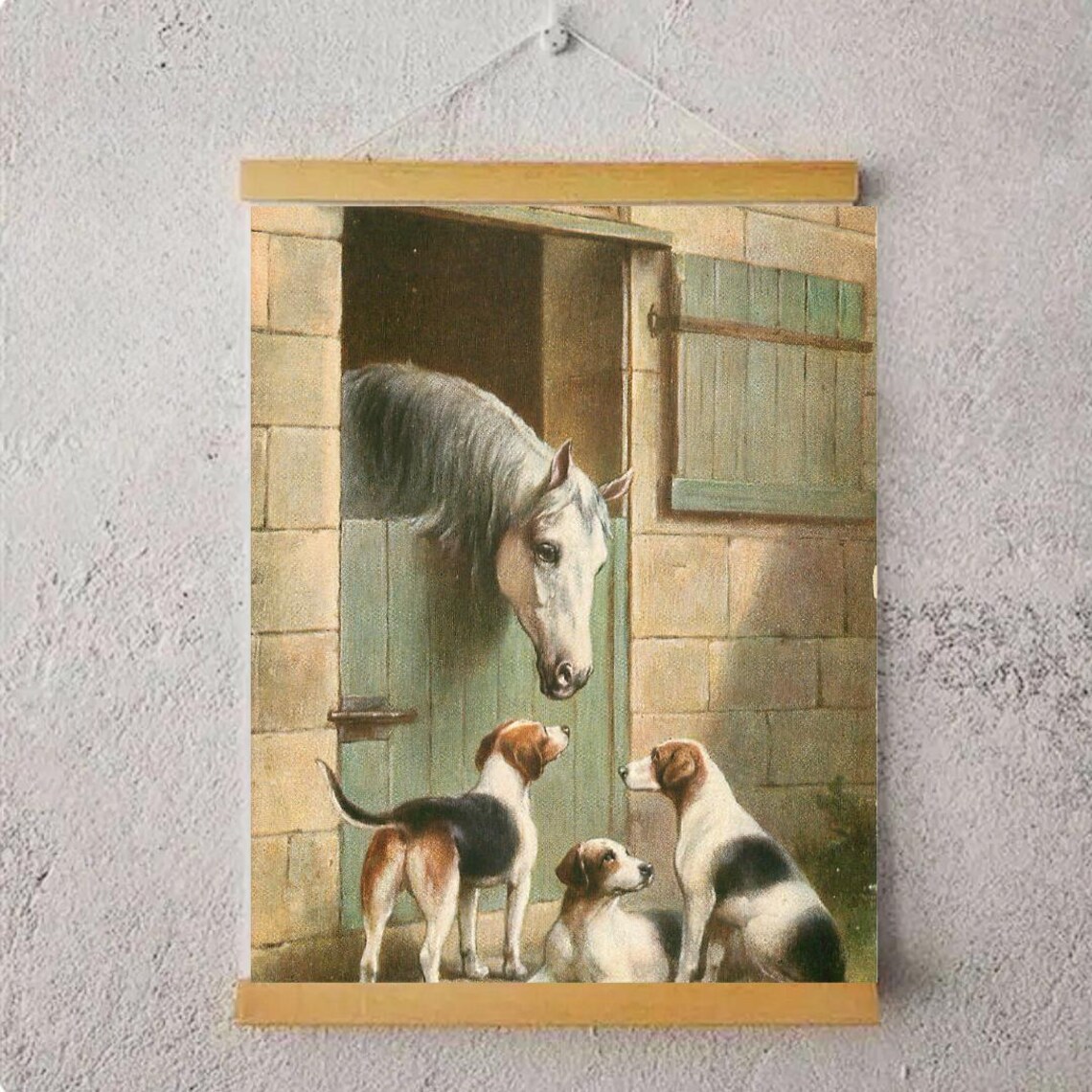 Vintage Horse Greeting Three Hound Dogs at the Stable Door Poster - Image 4