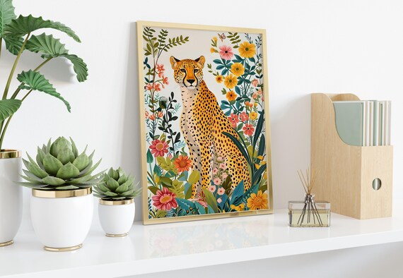 Cheetah Among Tropical Flowers Botanical Style Boho Wildlife Wall Art