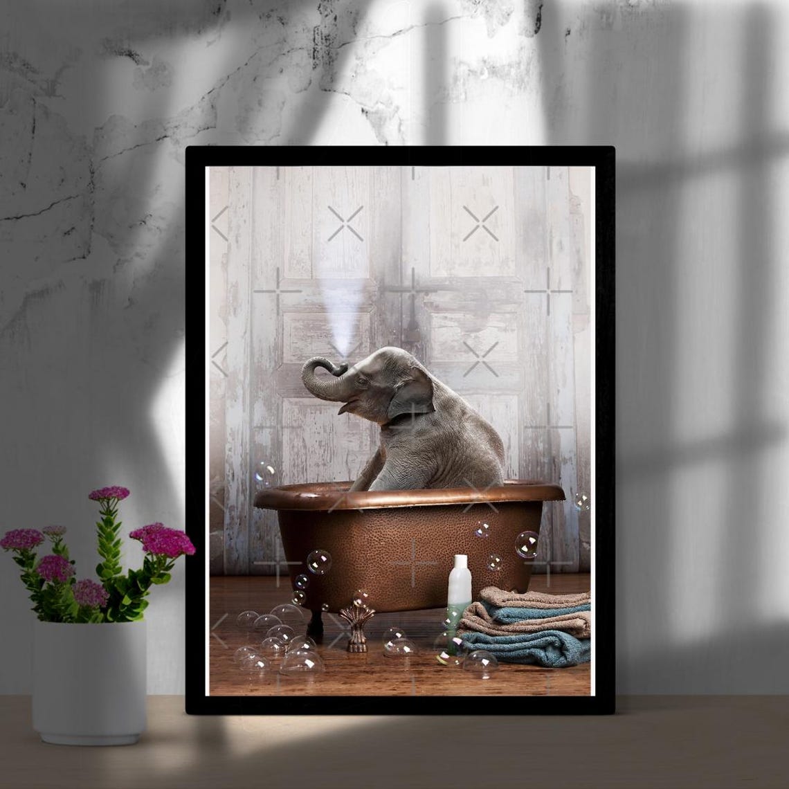 Baby Elephant Copper Bathtub Bubbles Cute Bathroom Scene Poster - Image 2