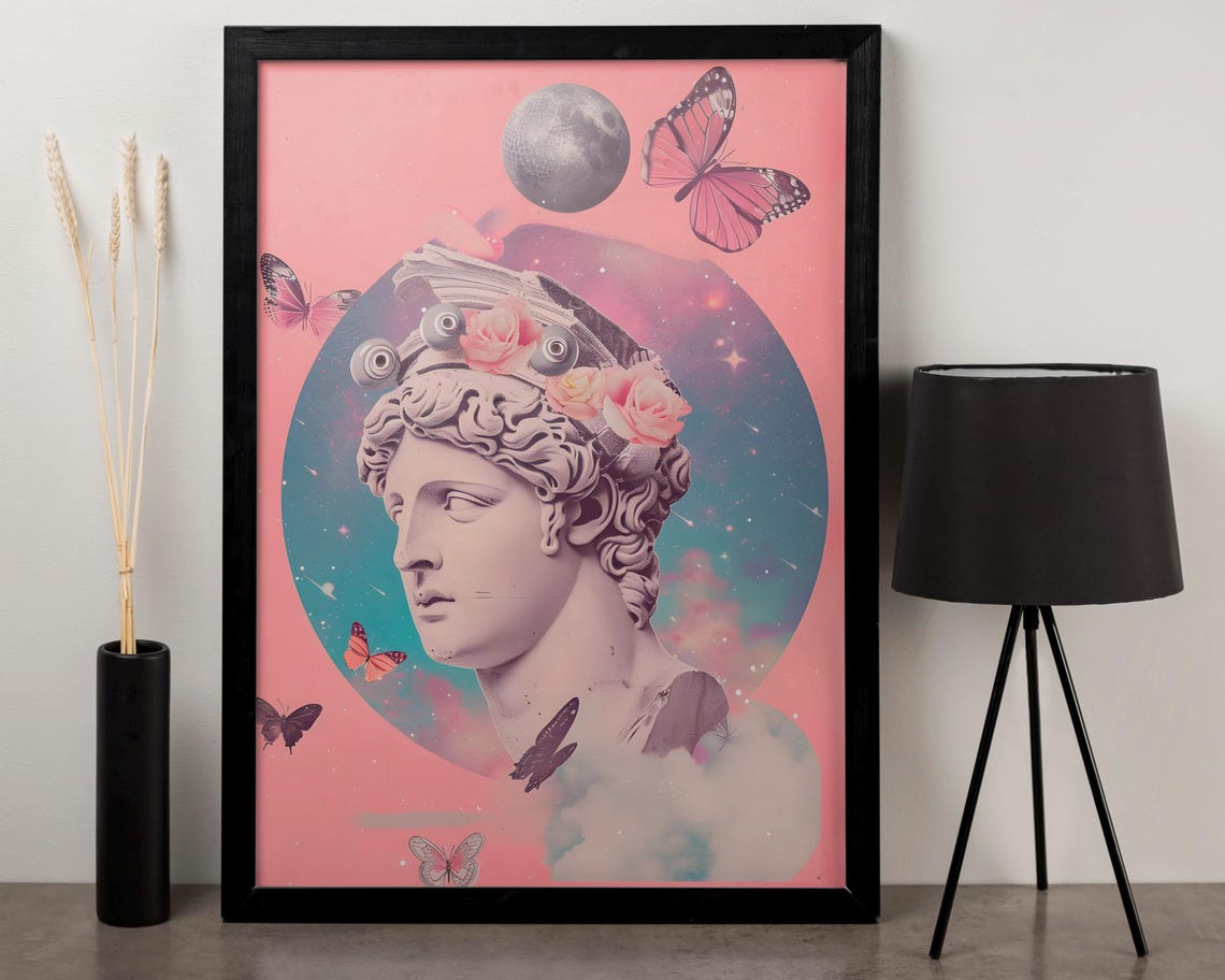 Greek Statue Bust With Butterflies And Moon Pink Pop Collage Poster