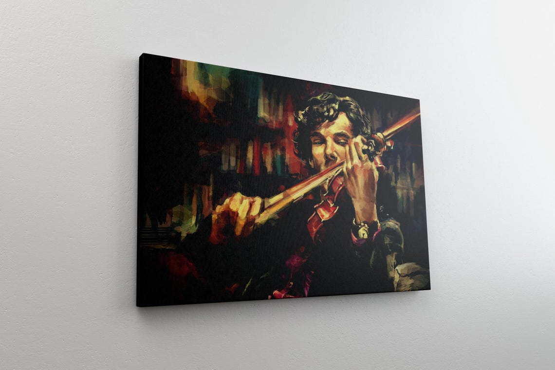 Moody Man Playing Violin in a Dark Library Cinematic Painting Poster