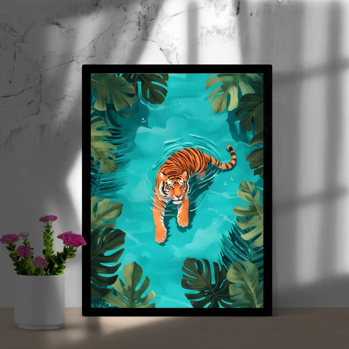 Swimming Tiger Turquoise Water Tropical Jungle Aerial View Poster - Image 2