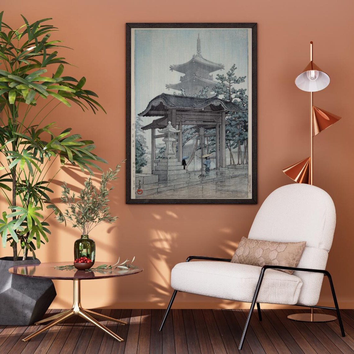Rainy Japanese Temple Pagoda and Gate Shin-Hanga Woodblock Poster - Image 3