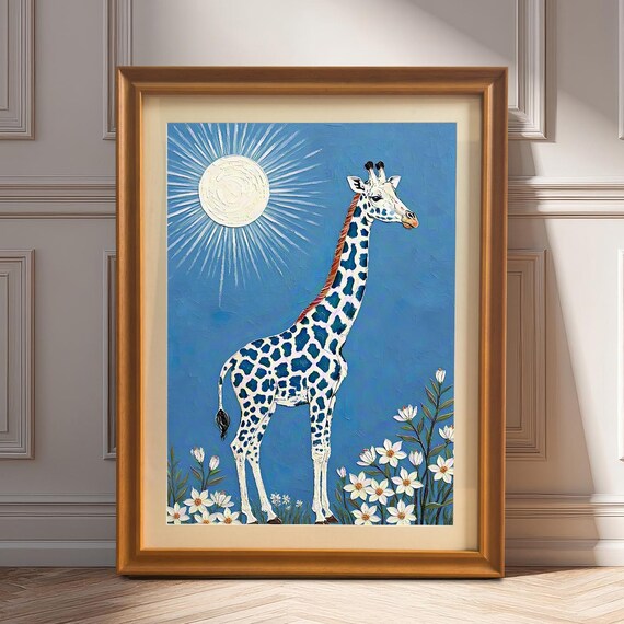 Blue Giraffe Under Bright Sun Flowers Whimsical Kids Art Poster