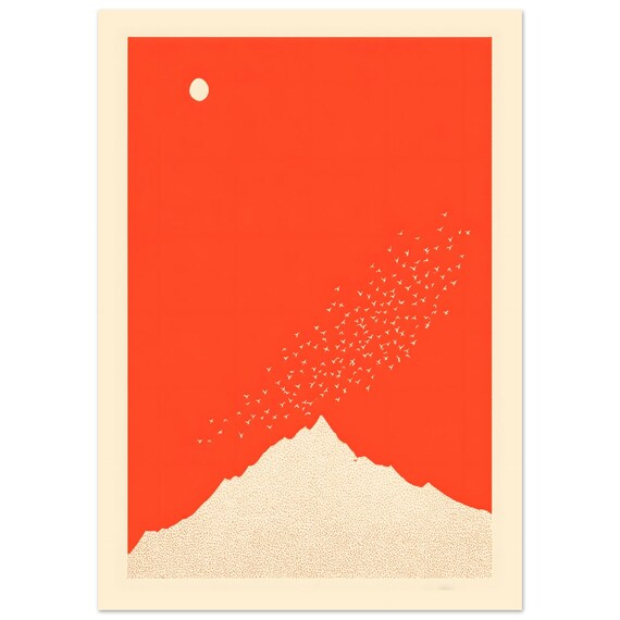 Red Mountain Print With Birds Minimalist Wall Art Modern Nature Poster Bold Landscape Artwork Contemporary Home Decor