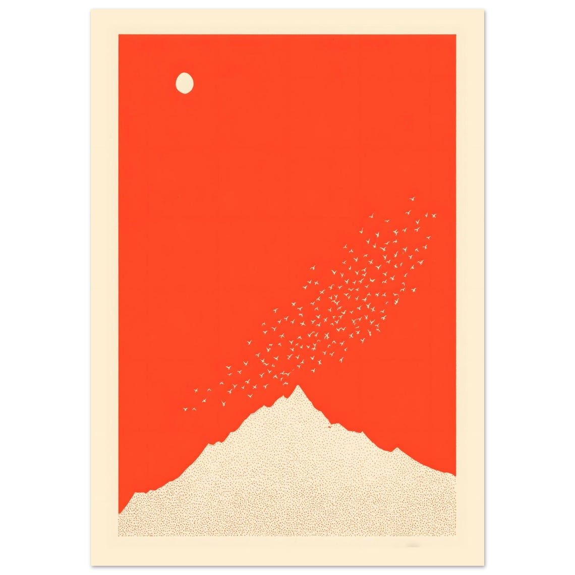 Red Mountain Peak Bird Flock Minimalist Nature Sunrise Art Poster