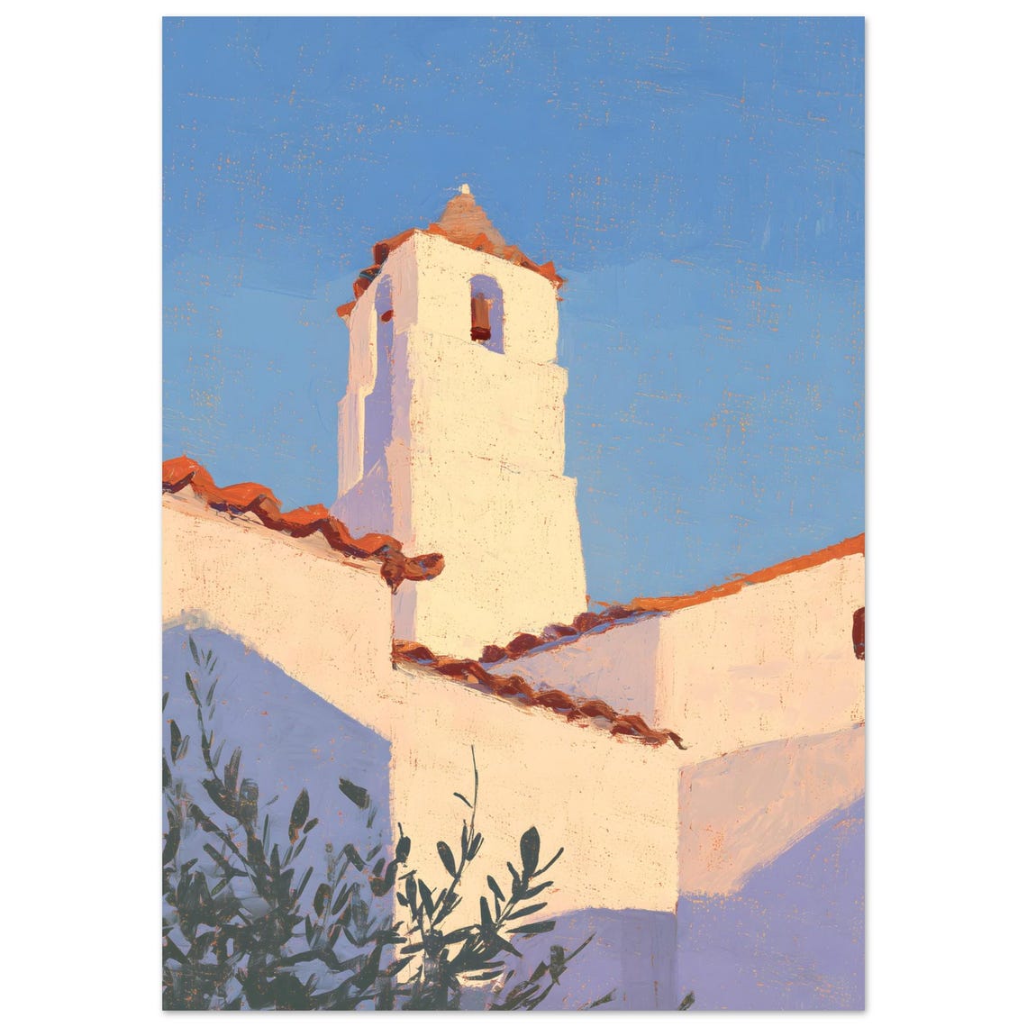 Sunlit Whitewashed Mediterranean Church With Bell Tower Poster
